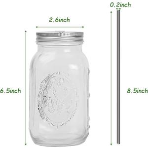 Smoothie Tumbler Glass with Lid and Stainless Steel Straw, Regular Mouth Mason Jars, Tea Cups, Travel Mug, Ideal for Juice, Milk (Pack of 2)