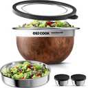 18/8 Stainless Steel Salad Bowl Kit - 74oz, Mixing Bowls with Lids Set, Teakwood - Comes with 1.7oz Condiment Container and Removable Tray for Organization - Leak-Proof, Dishwasher Safe (Wood)