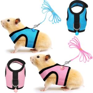 SATINIOR 2 Pieces Guinea Pig Clothes Baby Ferret Rats Hamster Soft Mesh Harness Leash Vest Set with Bell for Guinea Pigs, Hamster, Ferret, Rabbit, Chinchilla and Similar Small Animals(Pink, Blue, S)