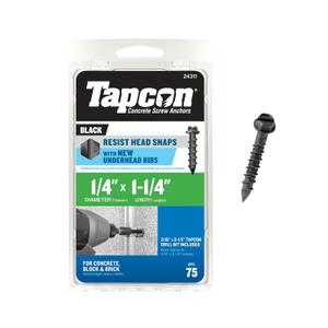 Tapcon 1/4 x 1-1/4 Inch Black Hex Head Concrete Anchors, 75 PCS, Corrosion Resistant Climaseal Coating, Heavy-Duty Concrete and Masonry Screws, Superior Holding Strength, Drill Bit Included