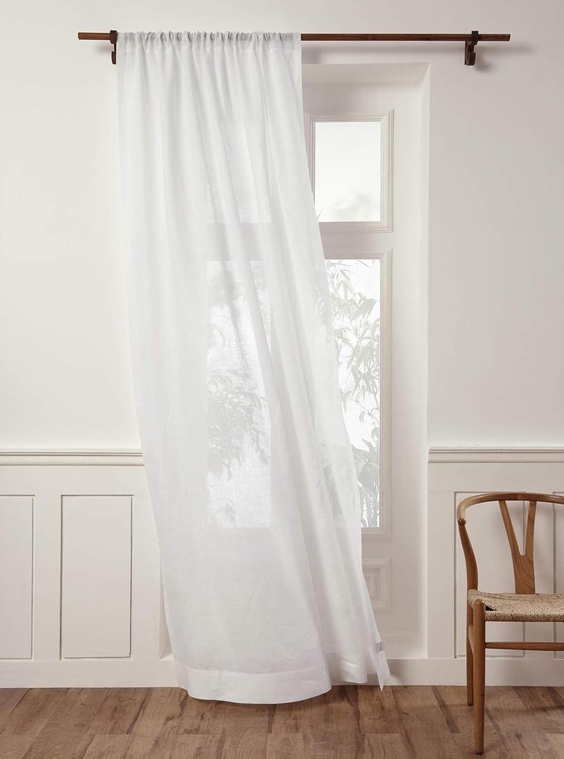 Solino Home Flax Linen Sheer Curtain 72 Inch - European 100% Pure Linen Sheer White Window Treatment Panel 52 x 72 Inch - Light Filtering Rod Pocket Curtain for Living Room, Bedroom