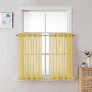 Chyhomenyc Mustard Yellow Short Sheer Curtains 30 inch Length, Light Filtering Half Window Curtians for Kitchen, Elegant Small Curtain for Basement Bathroom Cabinet, 42Wx30L inches, 2 Panels