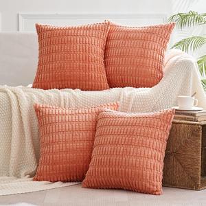 MIULEE Pack of 4 Coral Corduroy Decorative Throw Pillow Covers 20x20 Inch Soft Boho Striped Pillow Covers Modern Farmhouse Home Decor for Sofa Living Room Couch Bed