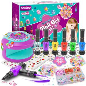 BATTOP Kids Nail Art Kit for Girls Ages 7-12 with Nail Dryer & 2 in 1 Water Based Nail Polish Pen & 3D Decoration & Sticker and Nail Flier - Idea Birthday Gifts for Girls 7 8 9 10 11 12
