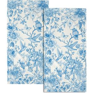 Chinoiserie Flowers Hand Towels Set of 2, Blue Birds Floral Porcelain Decorative Bathroom Towel 28x14 Inch, Soft Absorbent Microfiber Wash Cloth for Kitchen Gym Hotel Home Decor