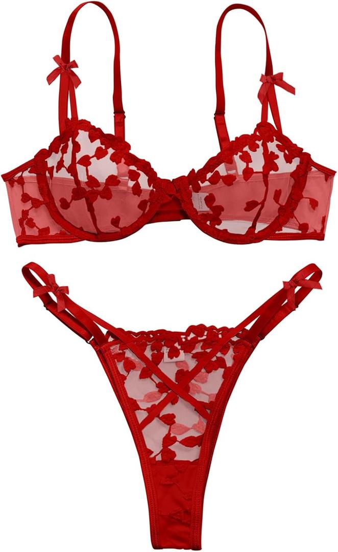 Lilosy Sexy Underwire Cute Push Up Strappy Embroidered Mesh Sheer Lingerie Set See Through Panty Bra, 4XL