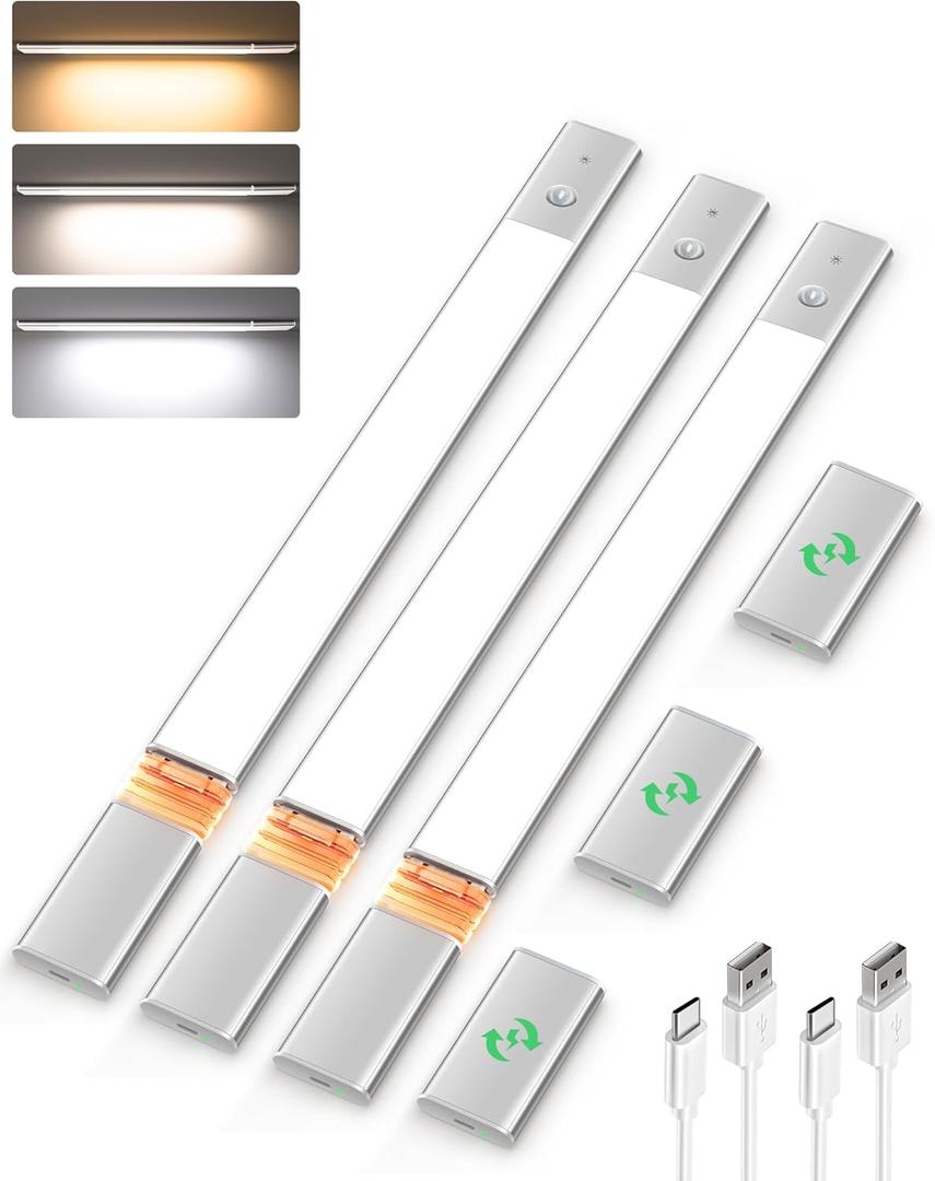 EZVALO Under Cabinet Lighting, Motion Sensor Closet Lights with 3 Extra Batteries, 76 LEDs Dimmable Eye-Caring Rechargeable LED Lights, 3 Color Temps, Under Counter Lights for Kitchen, Wardrobe (Silver)