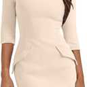 RUMIA Fall Bodycon Dresses for Women 2025 Spring 3/4 Sleeve Mini Dress Crew Neck Party Club Cute Short Dress Beige 2XL