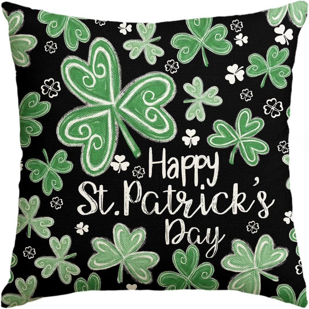 AVOIN colorlife Happy St Patricks Day Shamrock Throw Pillow Cover, 18 x 18 Inch Chalk Style Clover Cushion Case Decoration for Sofa Couch