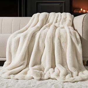 Ultra Soft Faux Fur Throw Blanket for Couch, Luxury Sculpted Texture Faux Rabbit Fur Blanket for Bed, Fluffy Thick Plush Warm Fuzzy Throw, 920GSM (Ivory White, 60''x80'')