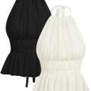 Milumia Women's 2 Piece Tank Tops Pleated Tie Backless Sleeveless Ruffle Hem Halter Top (Black and White)