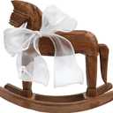 Wooden Rocking Horse for Cake Topper & Decor with Ribbon, Vintage Statue, Desk Centerpiece, Unique Collectible Decorative Figurine Ornament for Table Holiday Season Decoration Housewarming Gift, B