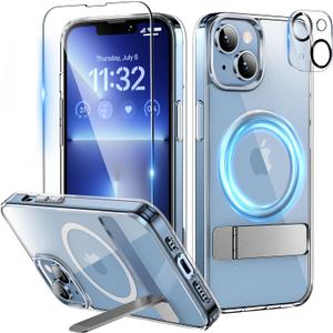 Magnetic Case for iPhone 14 Case 6.1-Inch (2022), Slim Kickstand with Screen Protector Compatible with Magsafe Shockproof Crystal Clear Cases Phone Case Cover, Clear