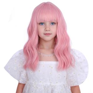 Pastel Pink Wig for Kids Girls Short Light Pink Wig with Air Bangs Short Pink Wavy Curly Wig for Child Heat Resistant Synthetic Wig with Wig Cap