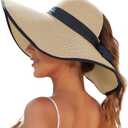 Sun Beach Hats for Women with Ponytail Hole, Floppy Wide Brim Beach Hat, Straw Summer Packable Sunhat Foldable Sun Protection (Yellow)