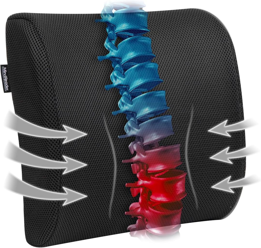 Mind Reader Lumbar Support Cushion for Office Chair and Car Seat, Memory Foam, Air-Cloud Technology, Posture Corrector, Versatile Lower Back Cushion, 13.5"L x 4"W x 12.25"H, Black