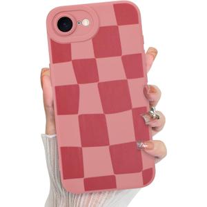 KANGHAR Compatible with iPhone 16E Case, Silicone Checkered Cute Pattern, Camera Protection Soft Slim Phone Case for Phone Case -Pink