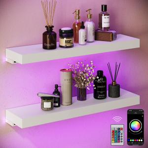 BAMEOS Floating Shelves with RGB LED for Wall, Sturdy Shelves with Light, Wall Mounted Display Shelves, Set of 2, Hanging Shelf for Bathroom, Bedroom, Kitchen, Living Room Storage, White, 24 x 6