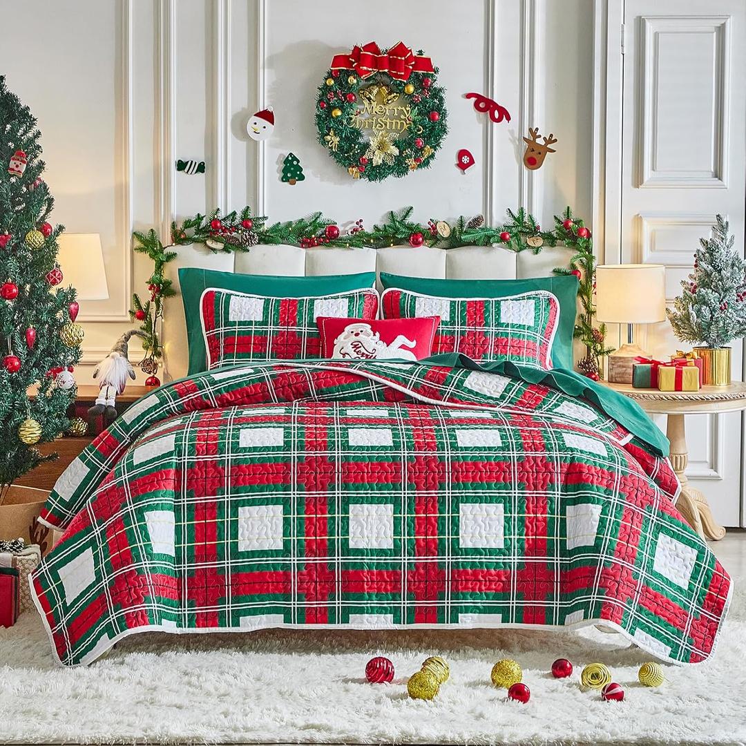Flysheep Christmas Quilt Set 3 Pieces Queen, Red Green White Plaid Reversible Design Bedspread Coverlet Set, Soft Microfiber Lightweight Bed Cover for All Season (90" x 90", 1 Quilt+ 2 Pillow Shams)