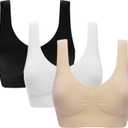 Vermilion Bird Women's 3 Pack Seamless Comfortable Sports Bra with Removable Pads M/ Shirt Size 6, 8 Black &White &Nude