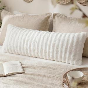 Faux Fur Body Pillow Cover, Super Soft Fuzzy Plush Bedding Pillow Long Pillowcases 1 Pieces, Chic Striped Plaid Geometry Decorative White Body Pillowcase for Couch, Bed, 20 x 54 Inches