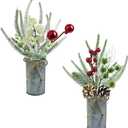 2 Pcs Small Christmas Floral Arrangement 13'' Xmas Artificial Farmhouse Mini Plants Fake Christmas Berry Stem Picks with Metal Pot for Holiday Home Centerpieces Table Decor