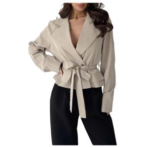 GORGLITTER Women's Cropped Short Trench Coat Jacket Blazer Fall Trendy Long Sleeve Belt Business Casual Work Outerwear Khaki Medium