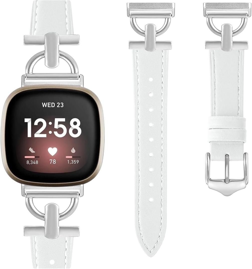 Leather Band Compatible for Fitbit Versa 4/Versa 3/Fitbit Sense 2/Sense, Dressy Watch Strap with D-Shaped Buckle for Women