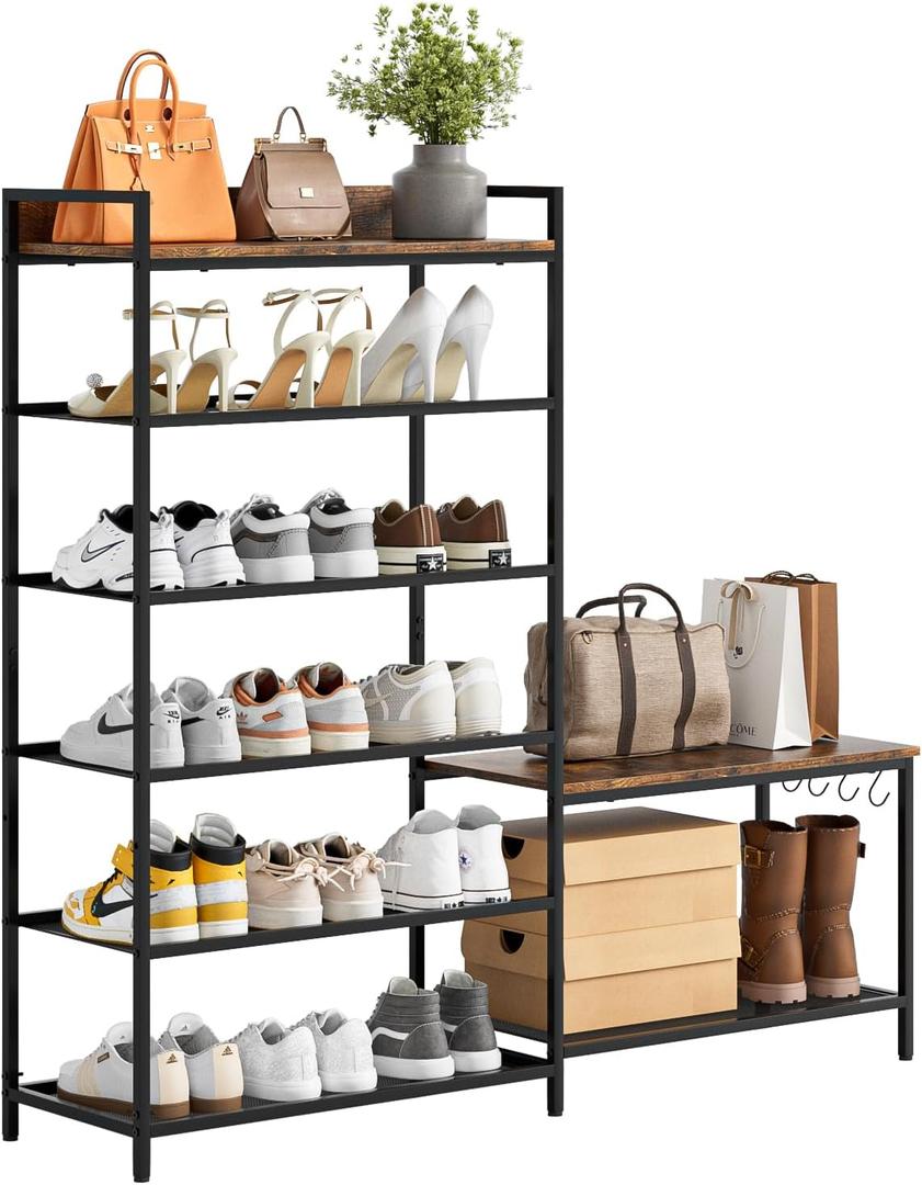 Shoe Rack Bench Storage Organizer for entryway,6-Tier Industrial Free Standing Shoe and Boot Racks with Seat,Entrance Shoe Rack Organizer Shelves for High Heels,Hallways, Closets,Brown,48.7in (6-Tier brown)