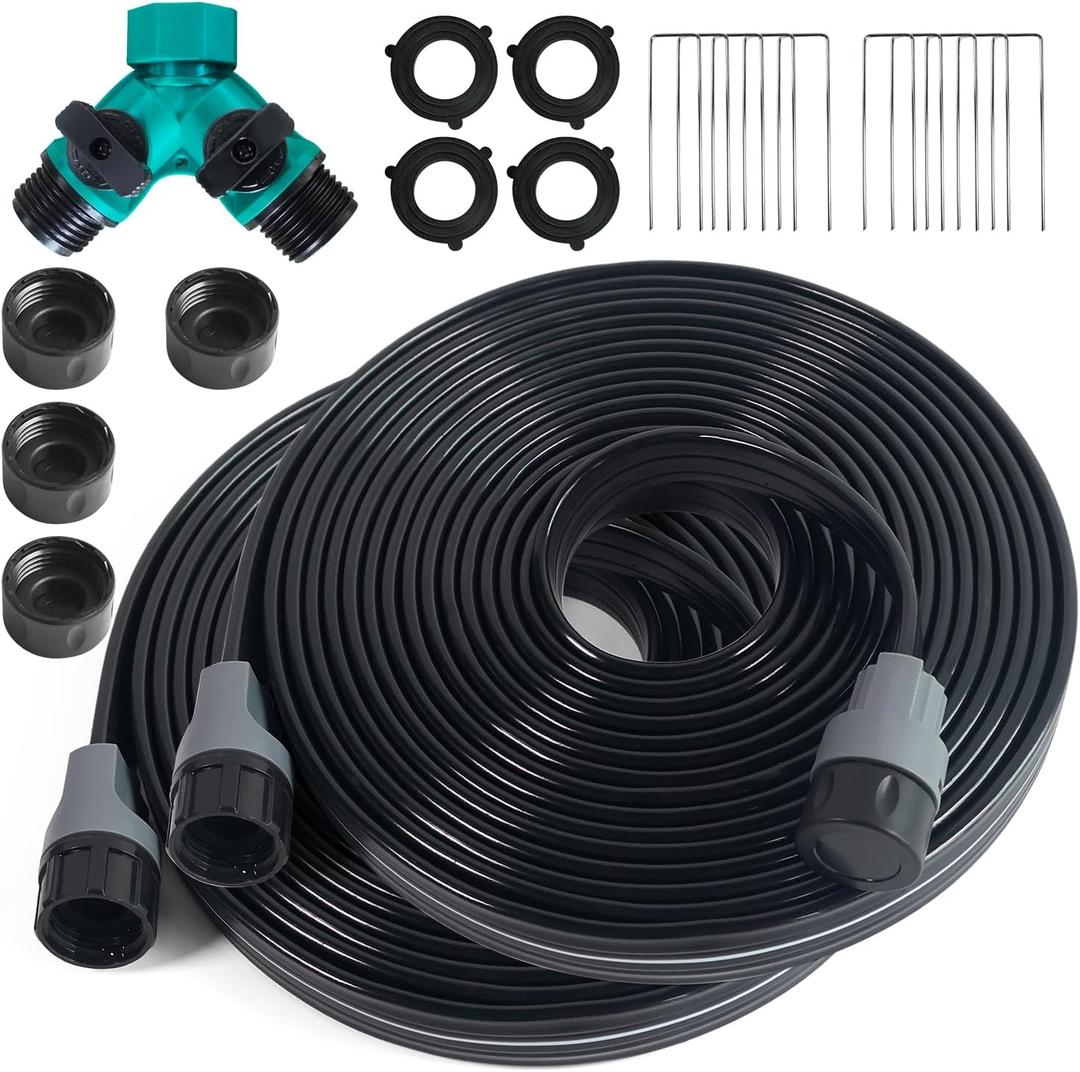 Sprinkler Flat Soaker Hose 50 ft (25 ft 2-pack) with Garden Staples and Splitters, PVC Drip Line Irrigation Hose for Lawn, Garden Beds (Black)