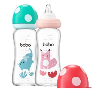 YOHKOH Natural Glass Baby Bottle with Level 2 Medium Flow Nipple, Newborn Anti-Colic Baby Bottles, Wide Neck Mushroom Baby Glass Bottle (8.8ounce (Pack of 2), Multicolour2)