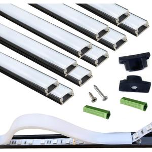 THMOOTHER LED Strip Pre-Drilled Black U Channel Diffuser 10-Pack 3.28FT,Surface Mounted Tape Light Aluminum Track with Continuous Silicone Cover. Flush Installed Low Profile (Black, 10X3.3FT)