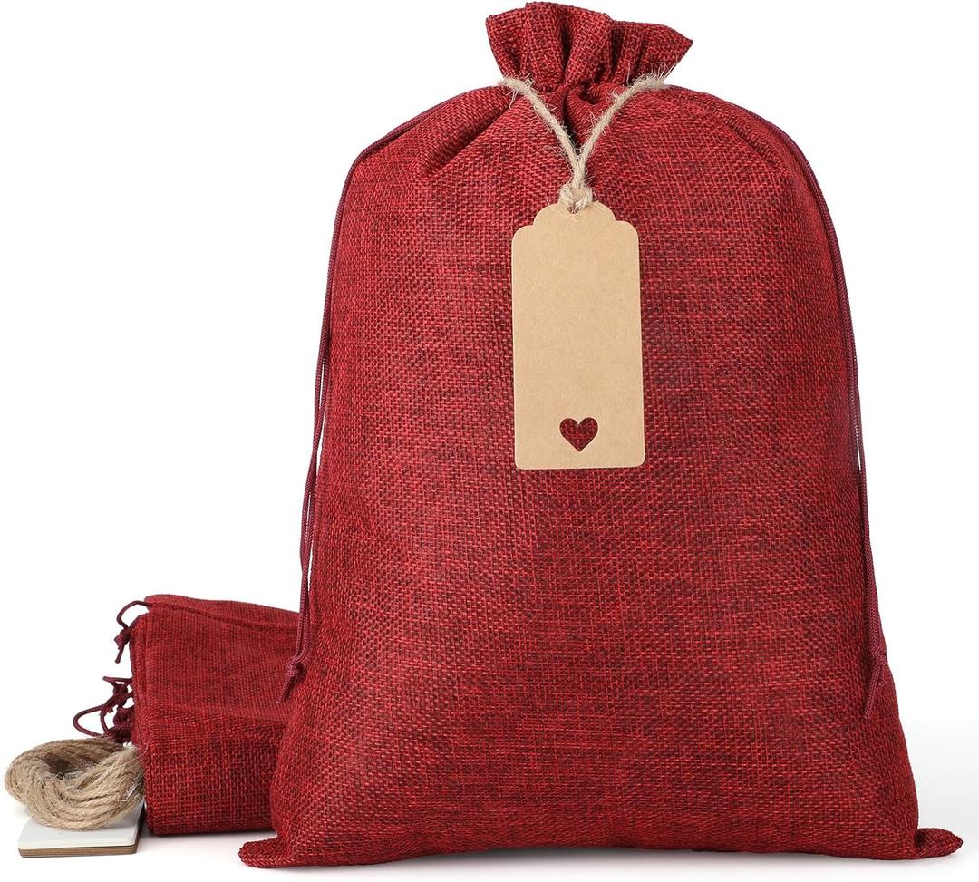 Tapleap Burlap Bags with Drawstring - 10Pcs 10x14 Red Gift Sacks for Wrapping Halloween Favors, Seeds, Root Ball, For Birthday, Wedding, Rustic Themed Party or Household Use