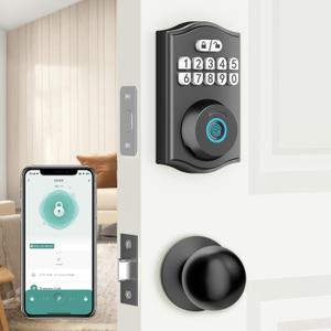 BAFUWEIY Fingerprint Door Lock with Door Knobs Set, Keyless Entry Door Lock Deadbolt with Handle, Smart Front Door Lock Set with APP Control/Fingerprints/Passwords/AutoLock/Easy Installation Black