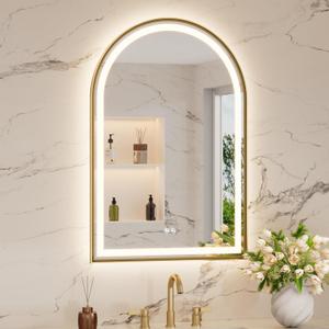 Keonjinn 24x36 Inch Gold Arched LED Bathroom Mirror, Frontlit & Backlit