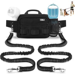 ETACCU Hands Free Dog Leash with Zipper Pouch, Waist Belt for Large Medium 2 Dogs for Running, Walking, Jogging and Hiking, Dual Padded Handles and Durable Bungee - Black (2 Dog)