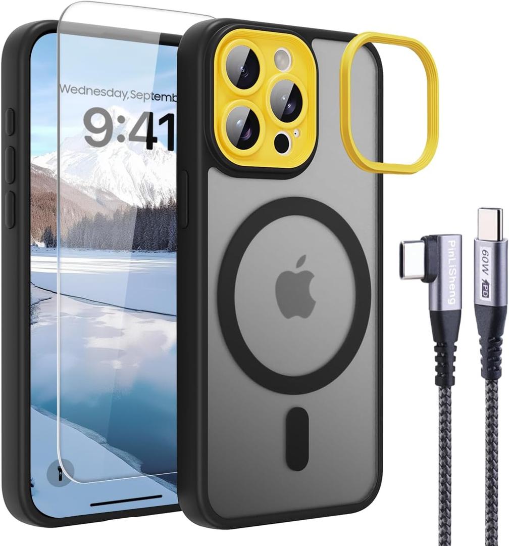4 in 1 Magnetic for iPhone 16 Pro Max Case [with 1X Screen Protector, Braided Cable, Removable Lens Case] [Mil-Grade Drop Protection] Shockproof Slim Translucent Matte Protective Phone Case, Black