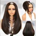 Brown Highlight U Part Wig for Black Women Layered Yaki Straight V Part Wig Synthetic Half Wigs Glueless Realistic Pull and Go Beginner Friendly for Daily Party Use((24inch,Highlight Brown )