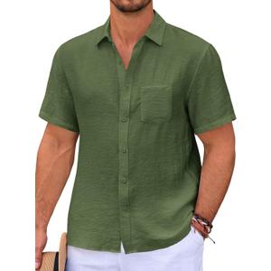 Runcati Mens Casual Shirts Button Down Short Sleeve Lightweight Linen Shirt Summer Beach Tops with Pocket (X-Large, Army Green)