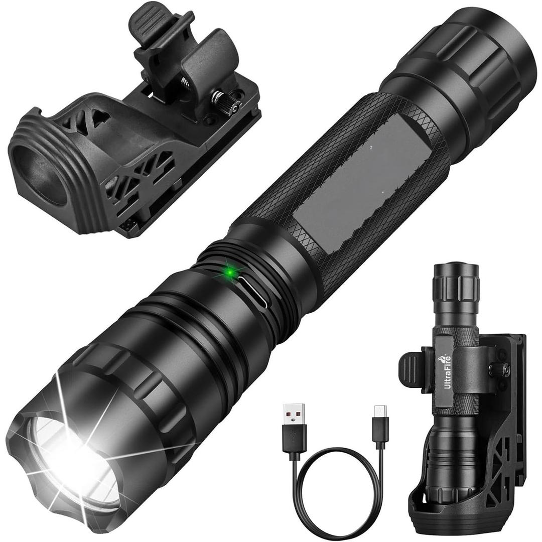 Tactical Flashlight with Duty Belt Holster, 1000 Lumen Rechargeable Police Flashlight for Law Enforcement, 3 Modes Security LED Flashlight with Belt Holder