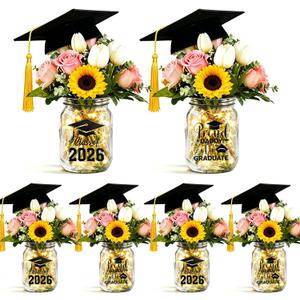 6 Sets Light Up Graduation Centerpieces for Tables,Glass Mason Jar Centerpieces with Grad Caps,Fairy Lights & Stickers,Class of 2026 Table Decorations for Grad Party Supplies