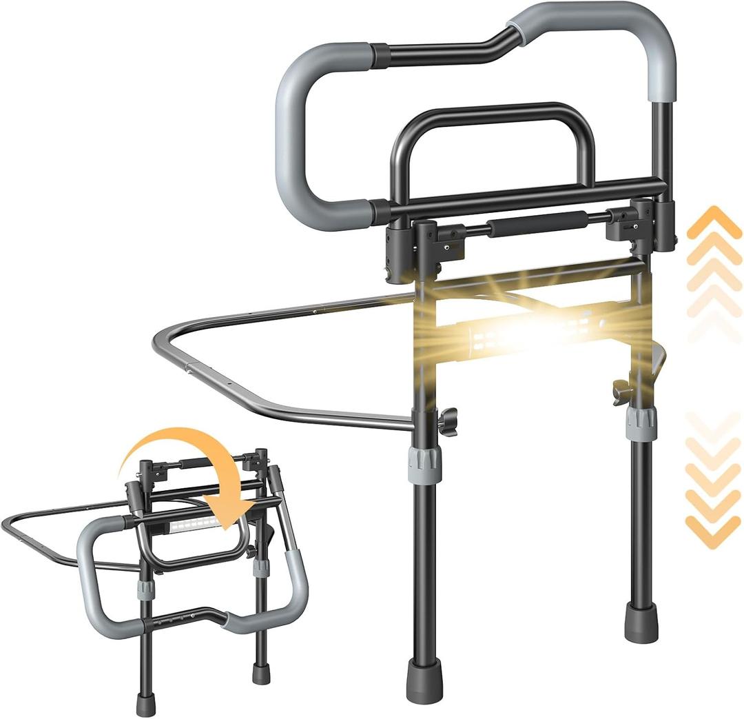 Bed Rails for Elderly Adults Safety, Foldable Bed Assist Rails for Seniors with Sensor Light & Storage Pocket, Adjustable Height, 180 One-Hand Folding Bed Side Rails Fit King Queen Full Twin