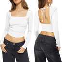 Hafailia Backless Long Sleeve Tops for Women - Casual Y2K Crop Shirts Square Neck Slim Fit Cut Out Workout Tees 2024 White S (White, S)