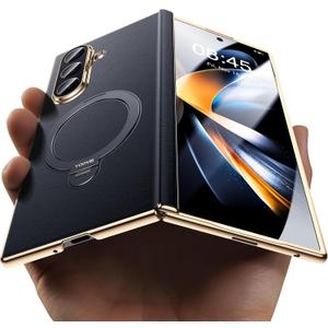 Magnetic for Samsung Galaxy Z Fold 7 Case Luxury Leather [Hinge Protection] Built-in [Screen Protector] [Fit for MagSafe] Zfold 7 Case with Kickstand & Ring Holder Black