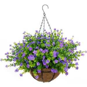 Artificial Hanging Flowers Basket, 12 UV-Resistant Bundles of Realistic Fake Flowers, Faux Plants for Outdoor Decor, Home, Garden, Porch, Patio, Spring & Summer Decorations, Purple