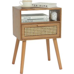 MaxSmeo Mid Century Modern Nightstand with Drawer, Small Nightstand Bedside Table, Rattan Nightstand, Wood End Table for Bedroom, Living Room (Brown) (Top-brown Walnut)