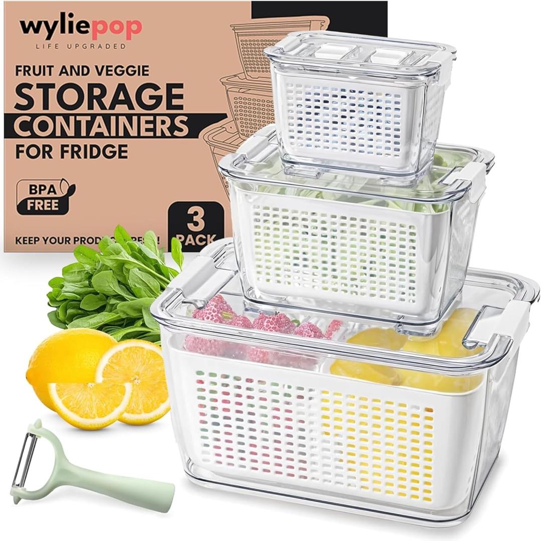 Premium Fruit Storage Containers for Fridge with Veggie Peeler  3-in-1 Produce Containers for Fridge with Strainer & Removable Colander  Large, Clear Fruit and Vegetable Storage Organizer (Set of 3)