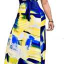 Locryz Women's V Neck 3/4 Sleeve African Floral Printed Party Loose Long Maxi Dress with Belt (XX-Large)