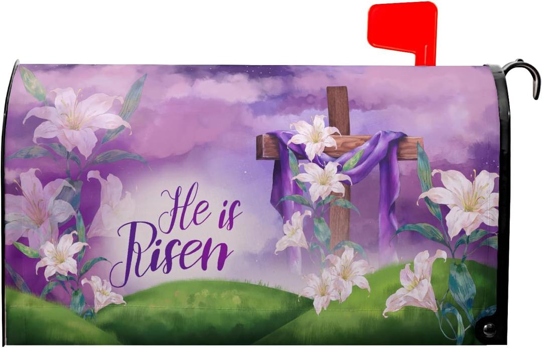 Easter He is Risen Mailbox Cover - Magnetic Standard Size 25.5 x 21 Inch Spring Purple Flowers Decorative for Home Outdoor Garden