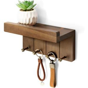 Rebee Vision Farmhouse Key Holder Wall Mount - Small Key Rack & Mail Organizer for Wall with 4 Key Hooks & Small Shelf - Home Essentials for Home Decor (Acacia Wood) (Small - 8 inch)